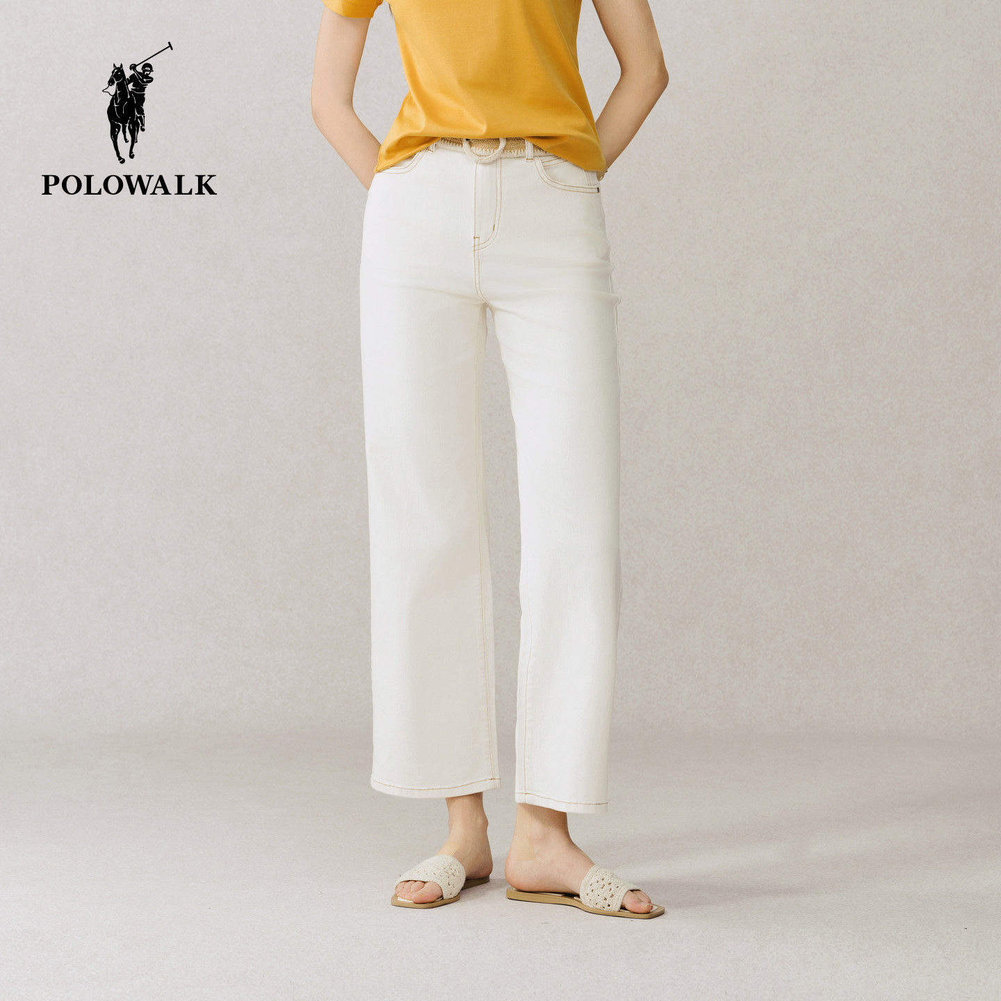 POLOWALK女士白色牛仔裤春夏季新品百搭潮流阔腿裤显瘦长裤子
