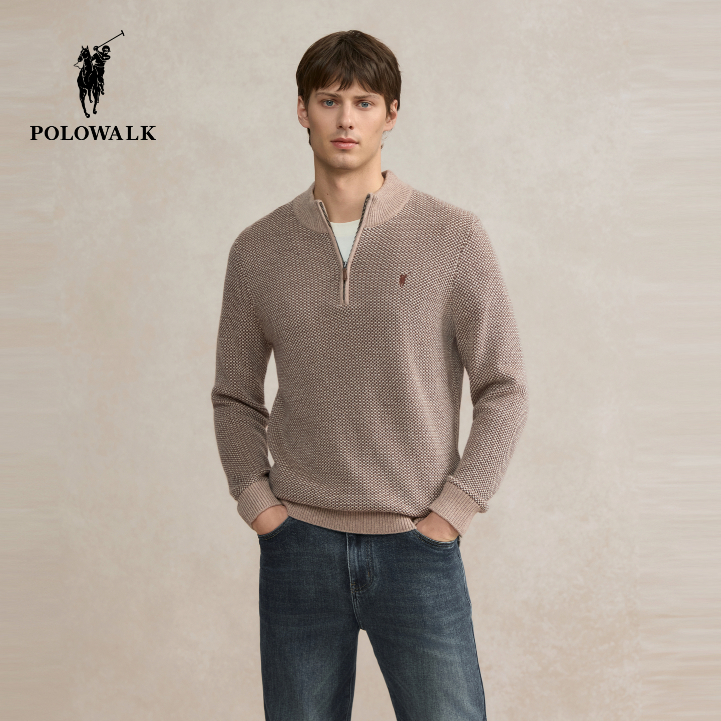 POLOWALK男式羊毛衫2025冬季新品时尚半拉链撞色休闲男装套头衫