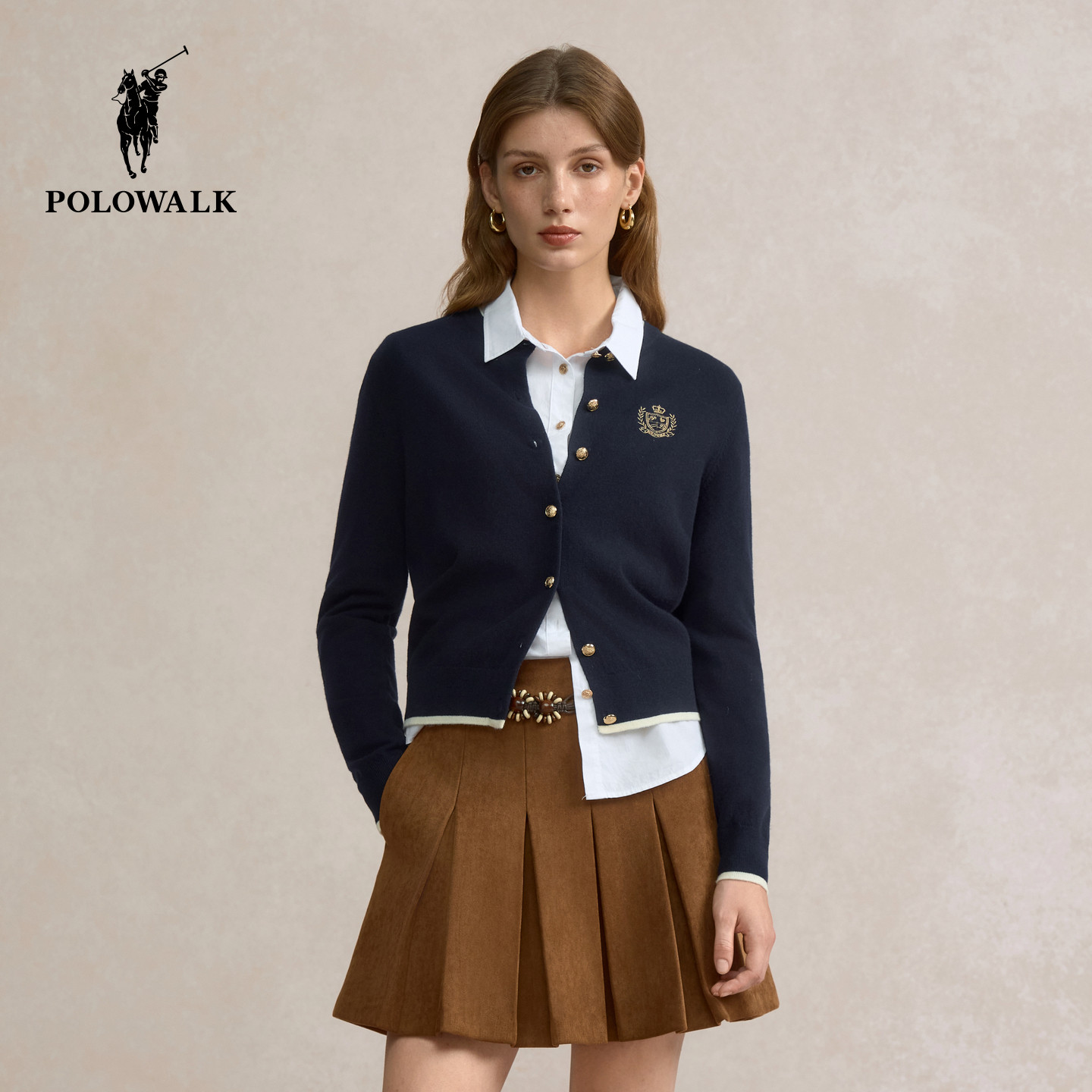 【含绵羊毛】POLOWALK女式长袖针织衫2025秋季新品学院风通勤上衣