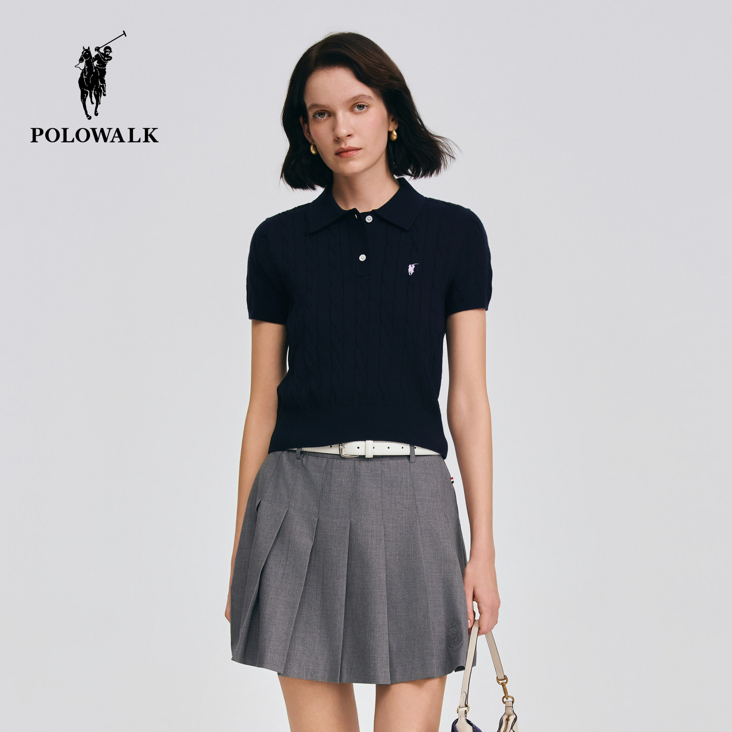 POLOWALK女式短袖针织衫2026春季新品翻领绞花修身针织衫套头上衣