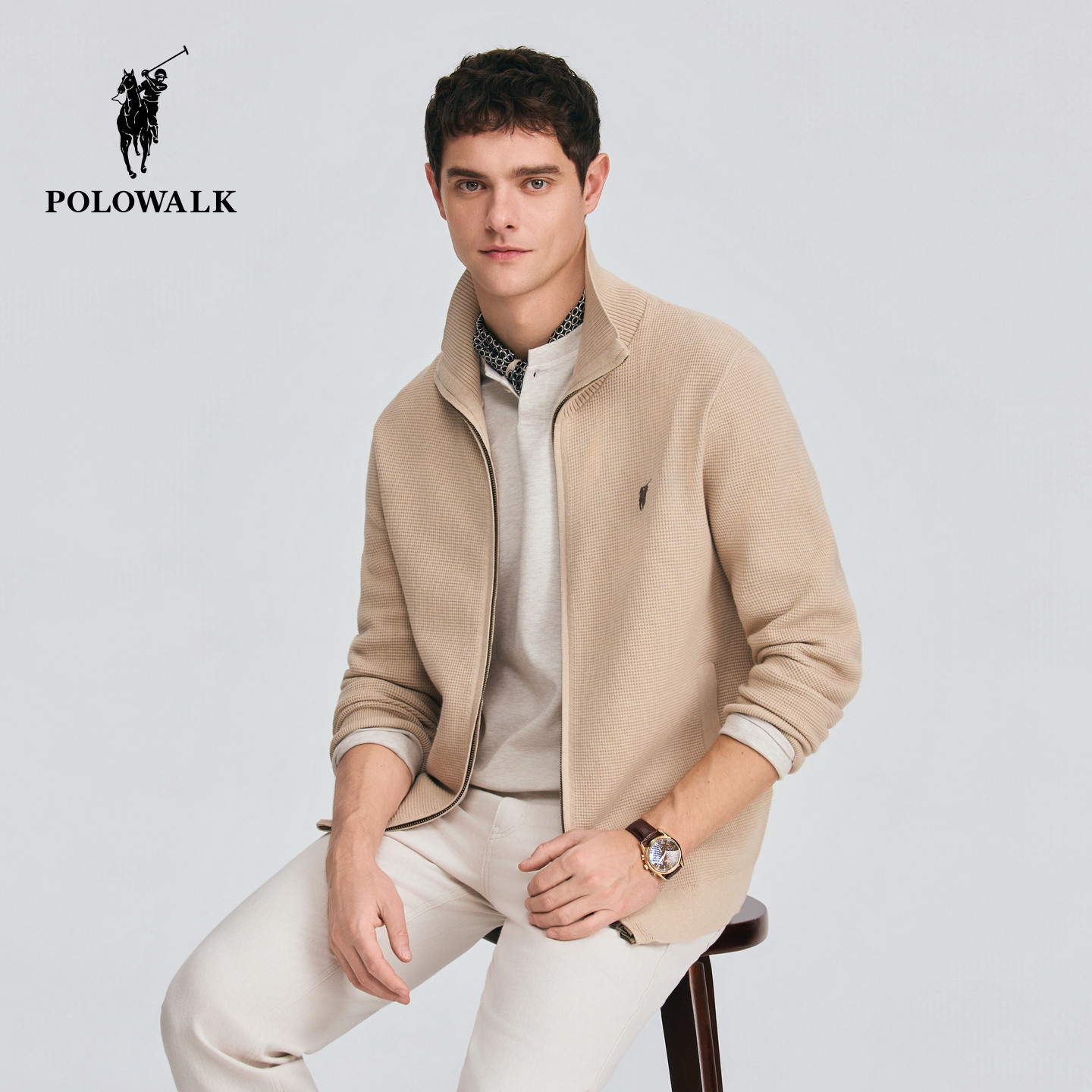 POLOWALK男式针织衫2026春季新品简约老钱风翻领拉链针织开衫男