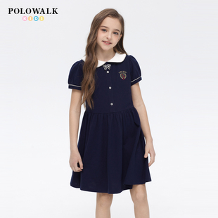 学院风长裙翻领印花百褶裙 POLOWALK童装 女童短袖 连衣裙25夏季 新品