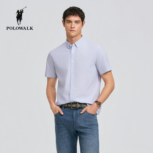 POLOWALK纽扣领细条纹短袖衬衫