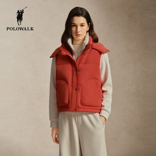 POLOWALK女式羽绒马夹2026冬季新品90鸭绒连帽厚款小马刺绣背心