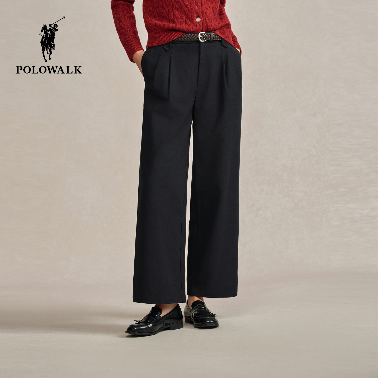 POLOWALK女式休闲裤2025秋冬裤新品经典直筒编织皮带休闲阔腿长裤