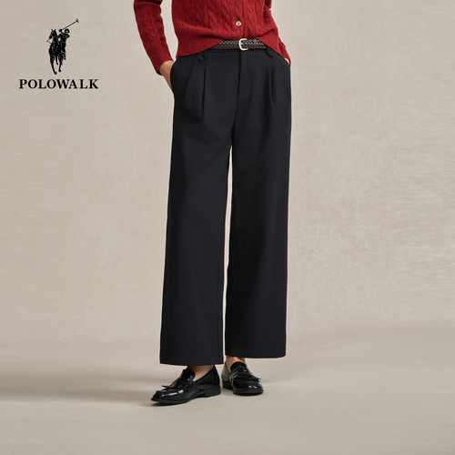 POLOWALK女式休闲裤2026春季裤新品经典直筒编织皮带休闲阔腿长裤