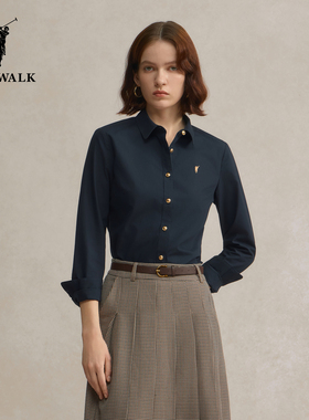 【100%棉】POLOWALK长袖衬衫女士秋冬新款OL风翻领正装白色衬衣女