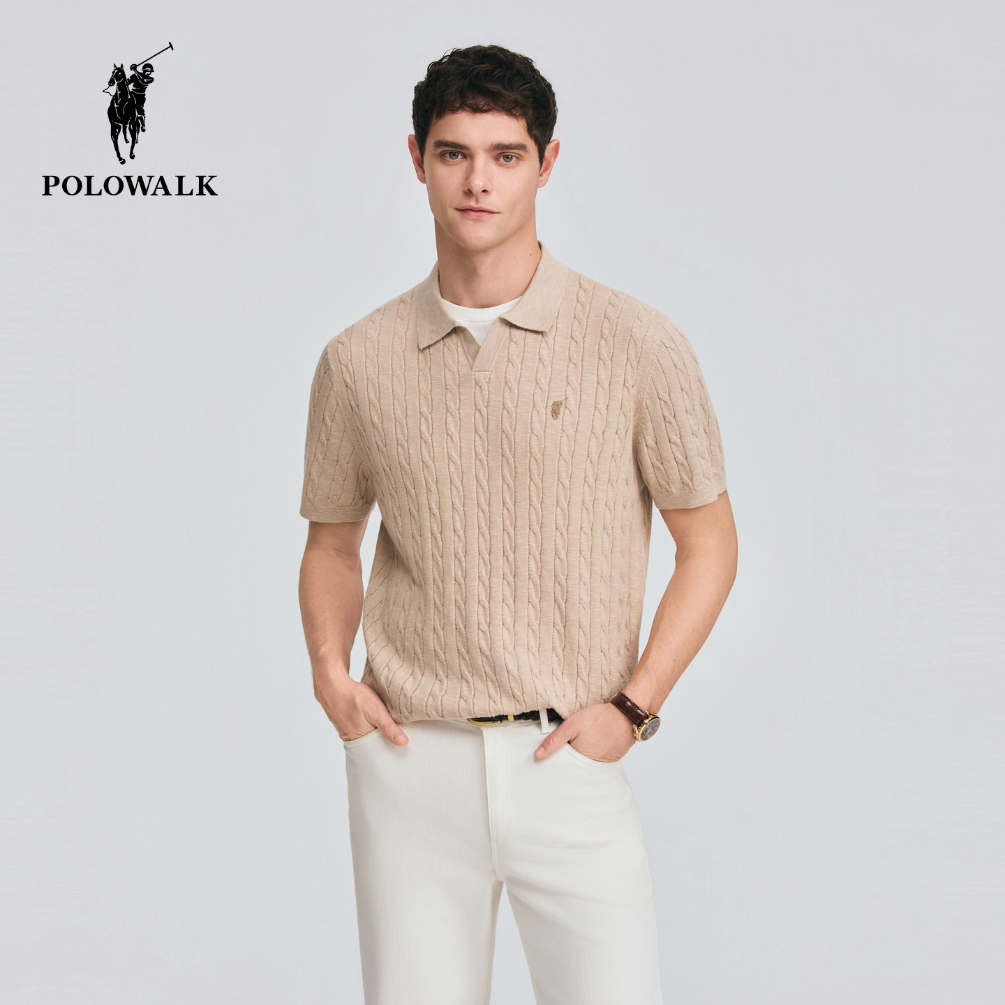 POLOWALK男式短袖针织衫2026春季新品双层polo领绞花套头针织上衣