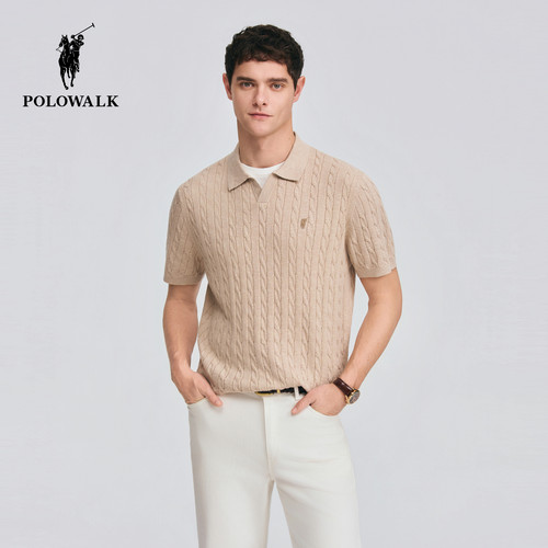 POLOWALK男式短袖针织衫2026春季新品双层polo领绞花套头针织上衣