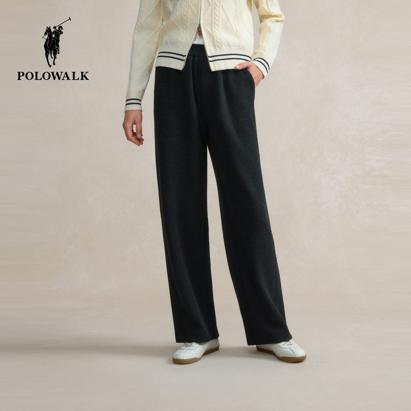 POLOWALK女式针织裤2026春季裤新品松紧腰直筒阔腿裤运动长裤子女