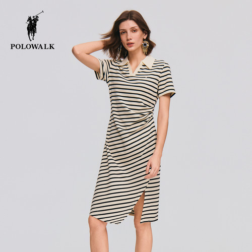 POLOWALK女式短袖连衣裙2026夏季新品捏褶斜叉条纹短袖polo针织裙