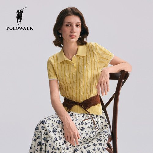 【100%棉】POLOWALK女式短袖针织衫2026秋季绞花翻领显瘦针织短T