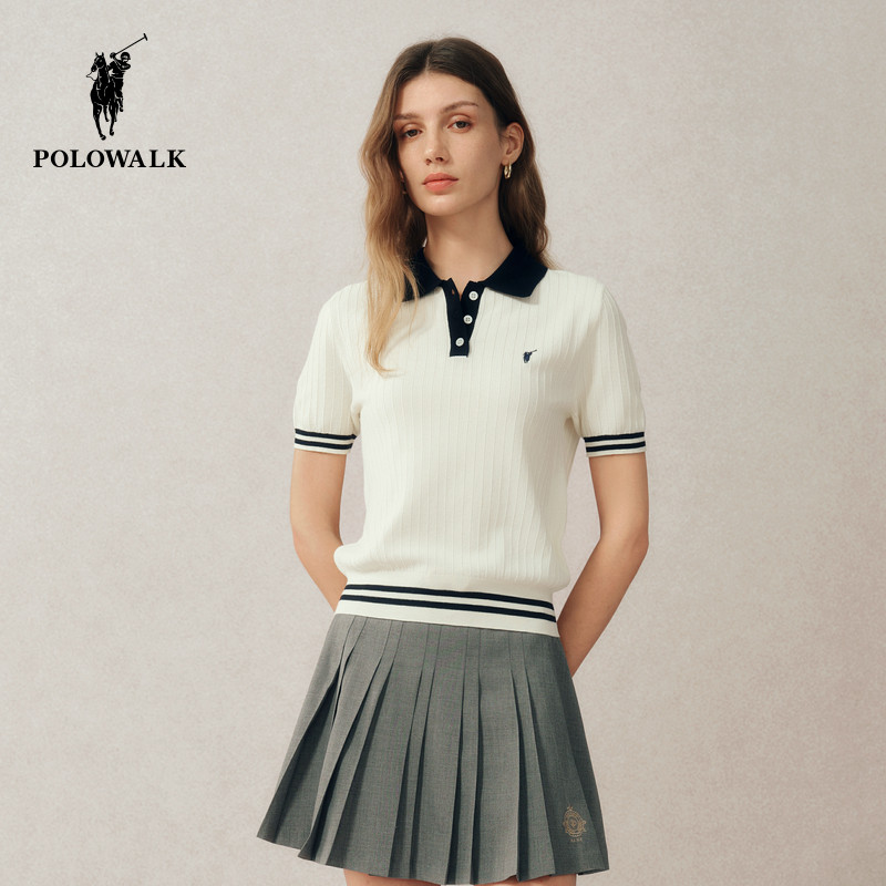 POLOWALK短袖针织衫女式2026春季新品撞色时尚绞花百搭polo衫T恤