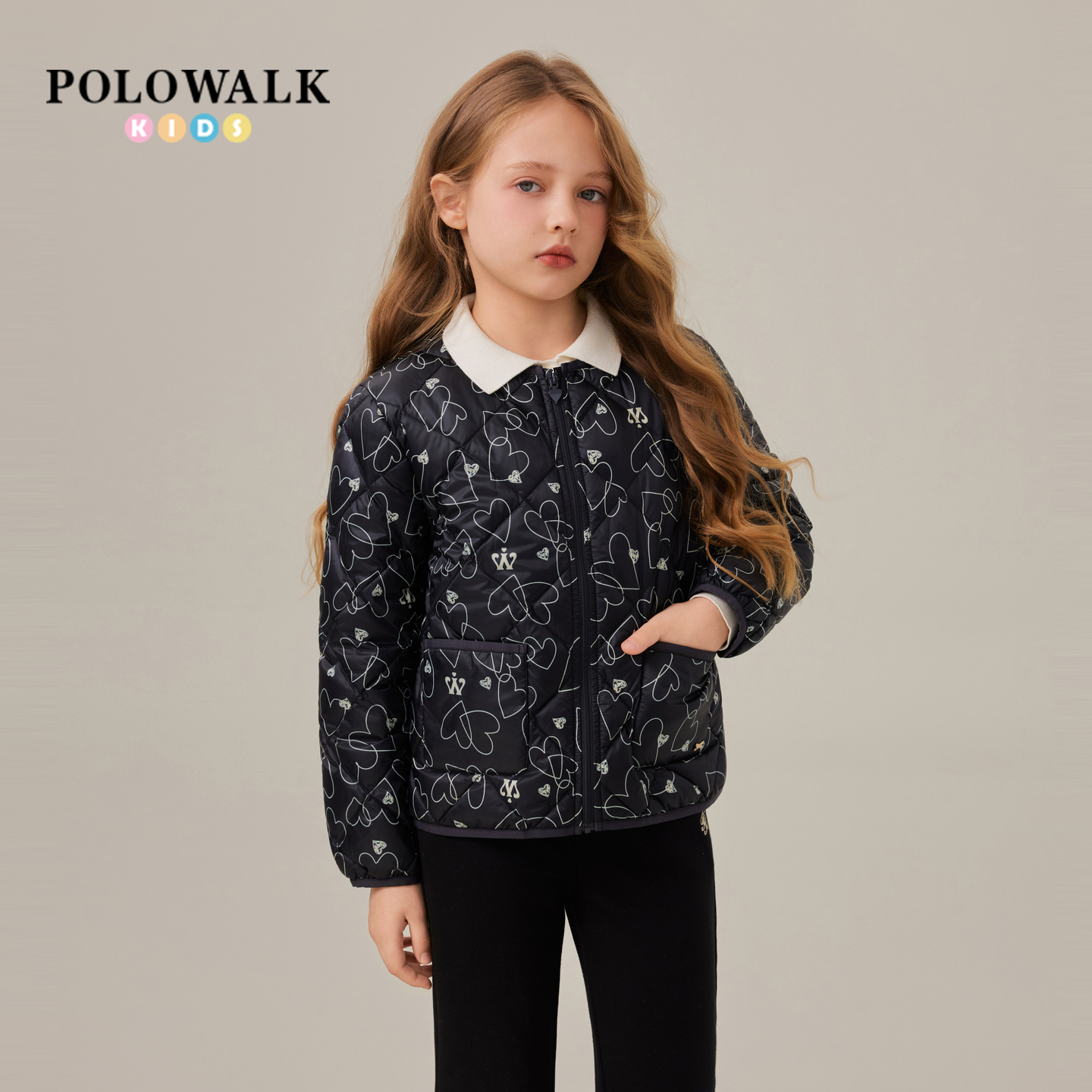 POLOWALK童装女童羽绒服2025秋冬新品印花圆领90鸭绒女童羽绒外套