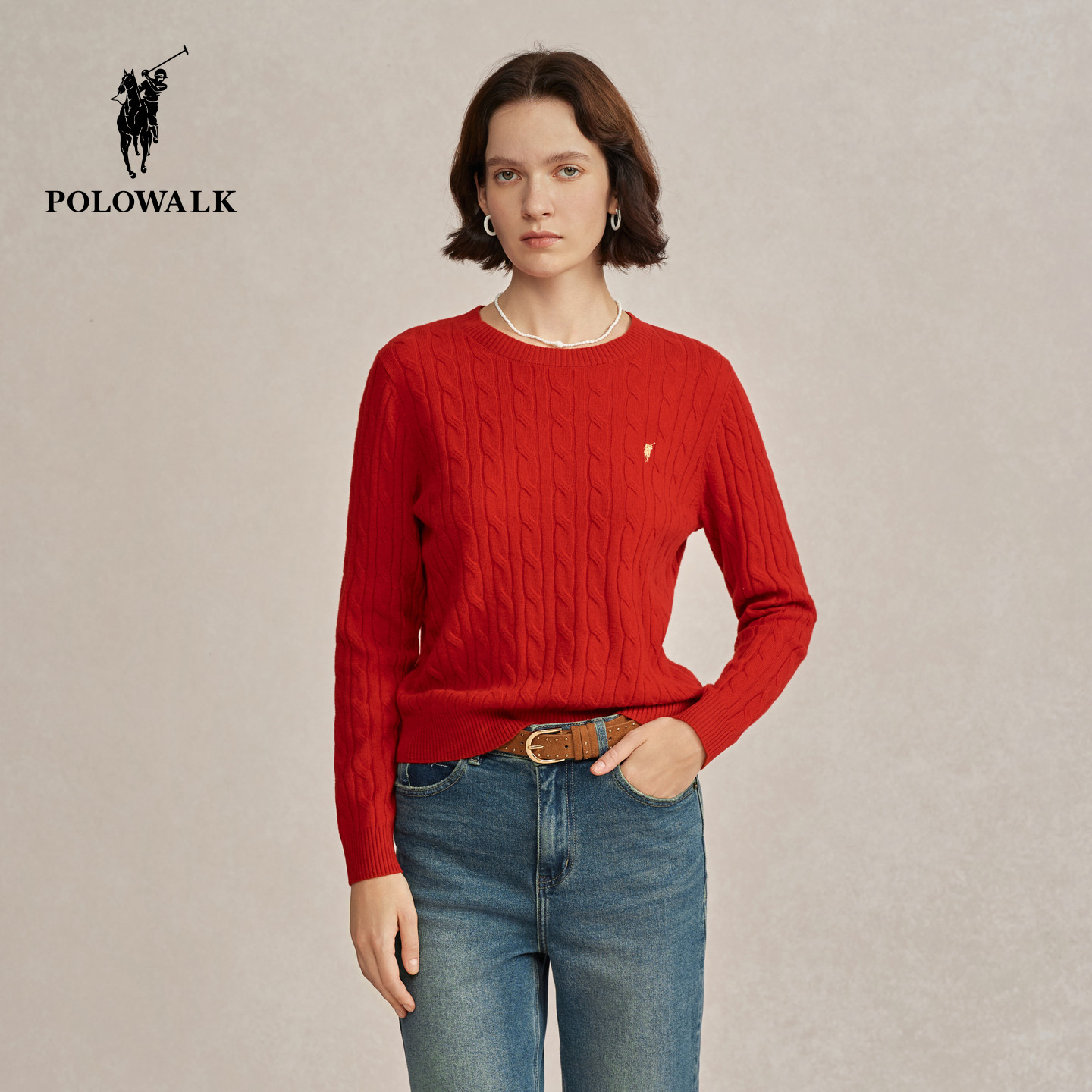 【100%绵羊毛】POLOWALK女式羊毛衫秋冬新年款套头复古绞