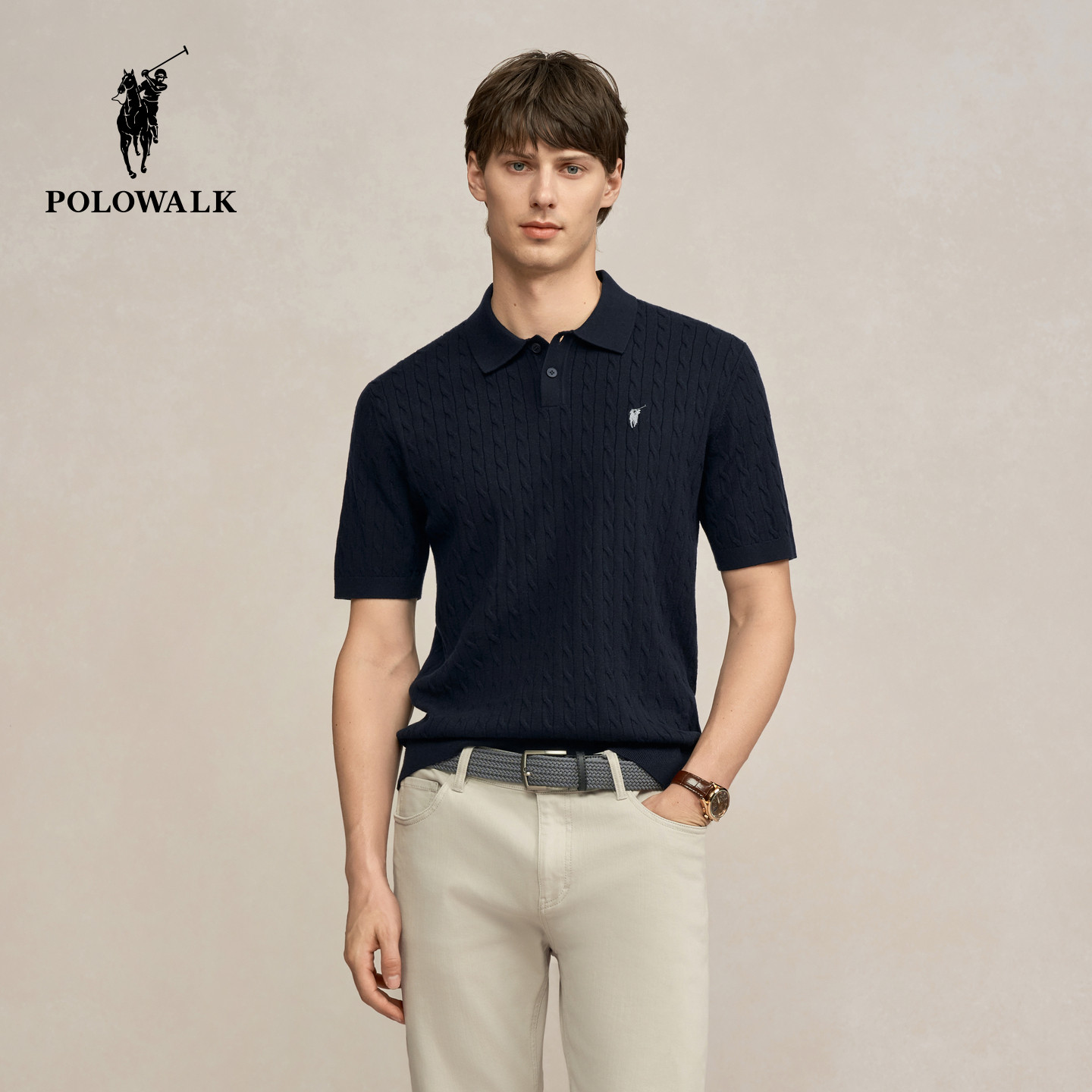 POLOWALK男式短袖针织衫2026春季新品绞花翻领显瘦套头上衣百搭男