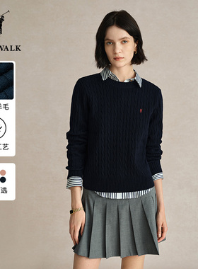 【含绵羊毛】POLOWALK针织衫女士秋冬新款经典绞花圆领套头毛衣女