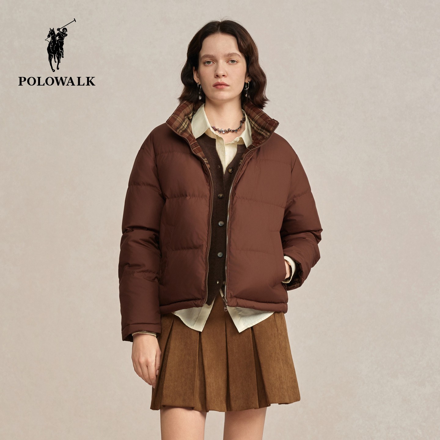POLOWALK女式羽绒服2026冬季新品两面穿保暖舒适立领纯色拉链外套