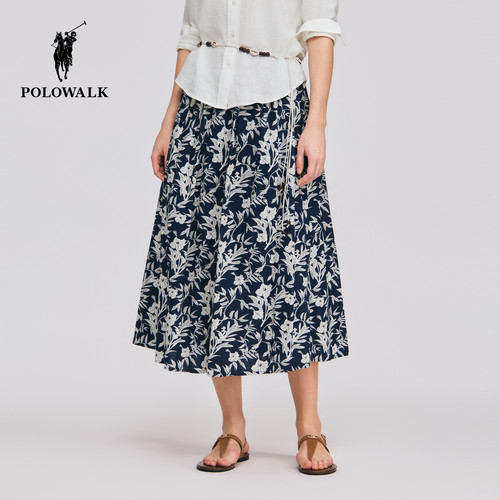 POLOWALK女式半裙2026春夏裙新品女装松紧腰印花中长款A字半身裙