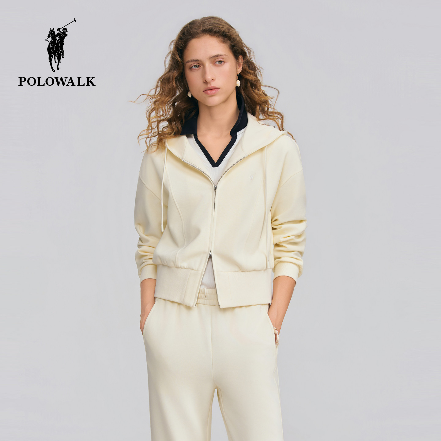 【套装】POLOWALK女式卫衣2026春季新品连帽开衫卫衣松紧腰微喇裤