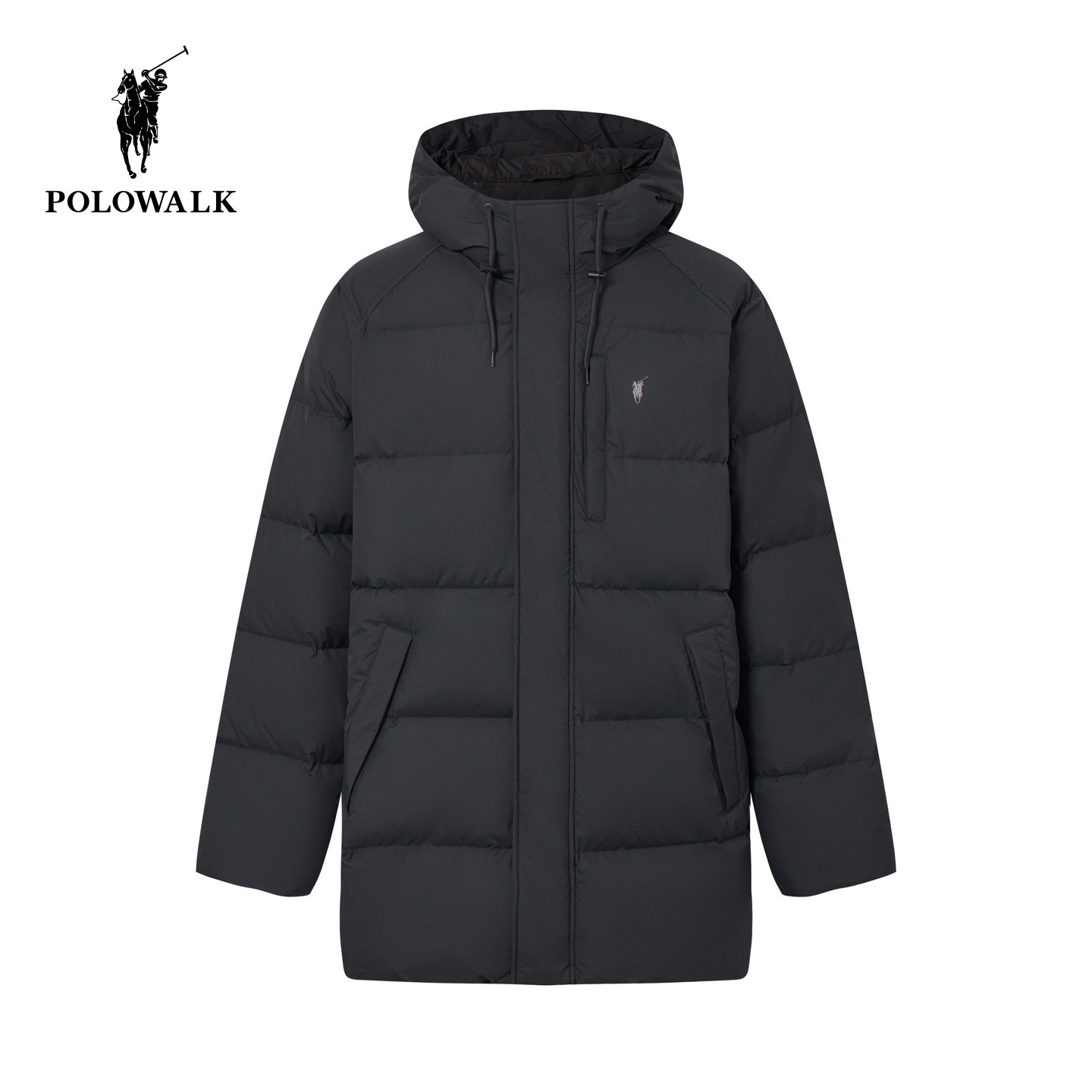 【90鸭绒】POLOWALK男式羽绒服2026冬季纯色中长款连帽保暖外套