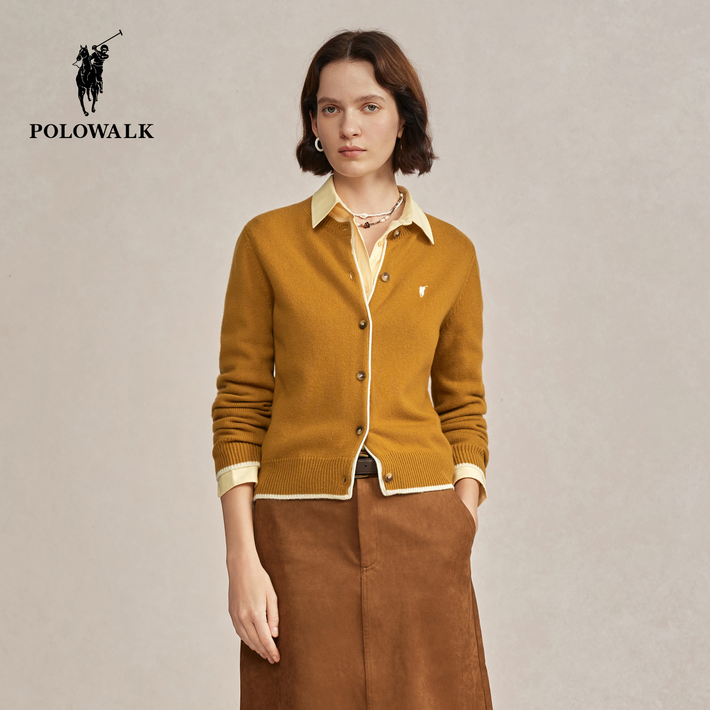 【100%绵羊毛】POLOWALK女式羊毛衫2025冬季新品简约圆领羊毛开衫