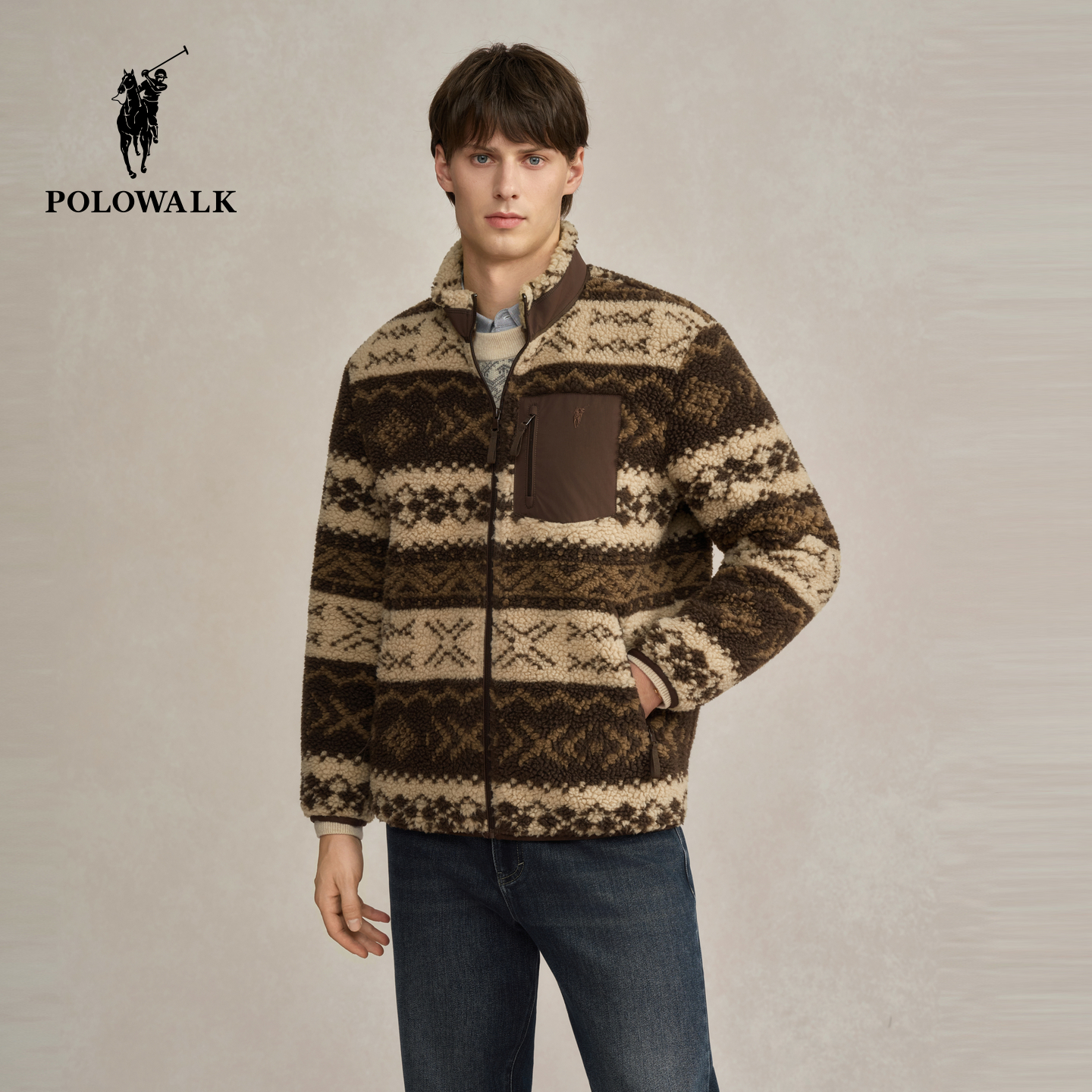 POLOWALK男装男式外套2025冬季新品时尚提花摇粒绒保暖立领外套