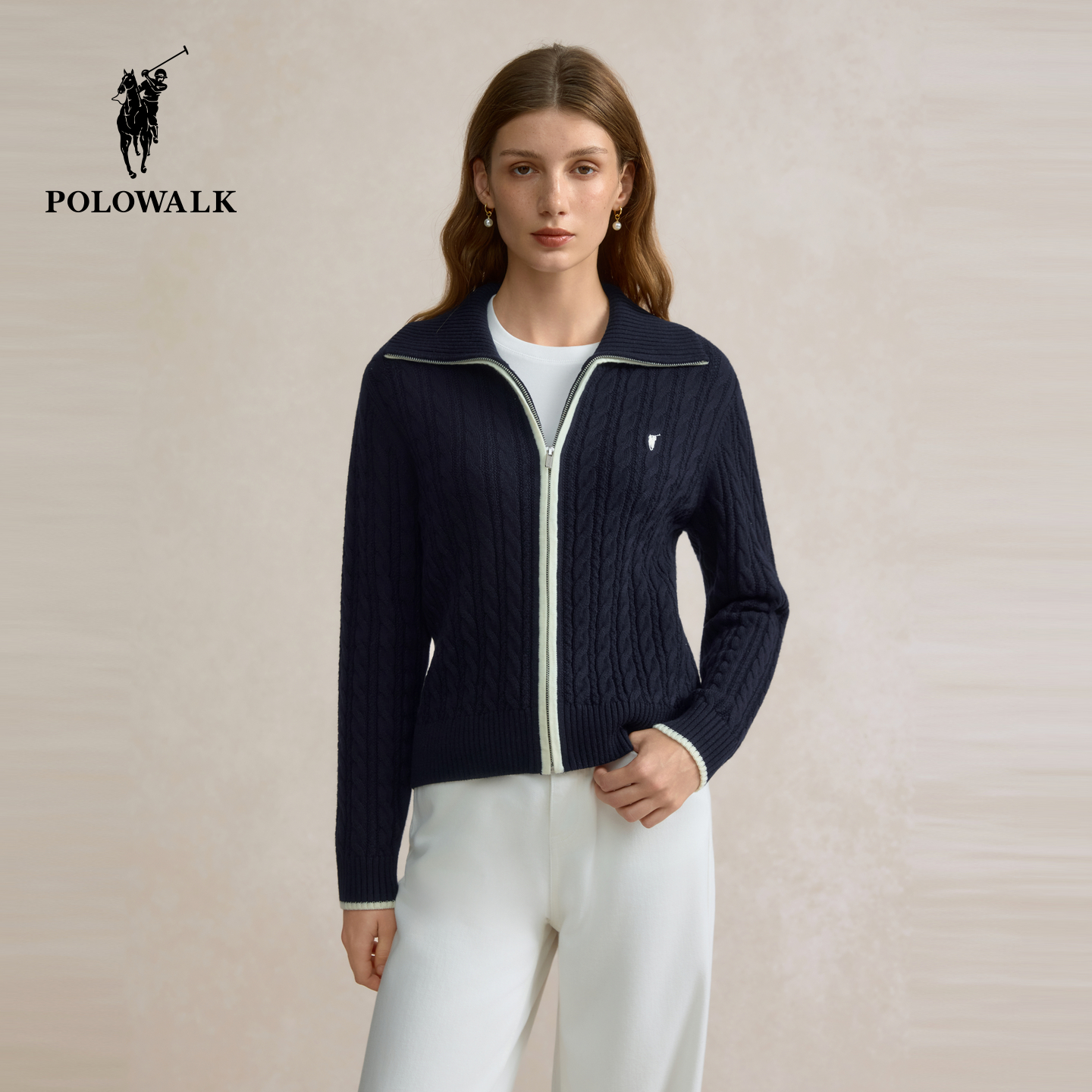 【含绵羊毛】POLOWALK女式长袖针织衫2025秋季新品绞花翻领外套女