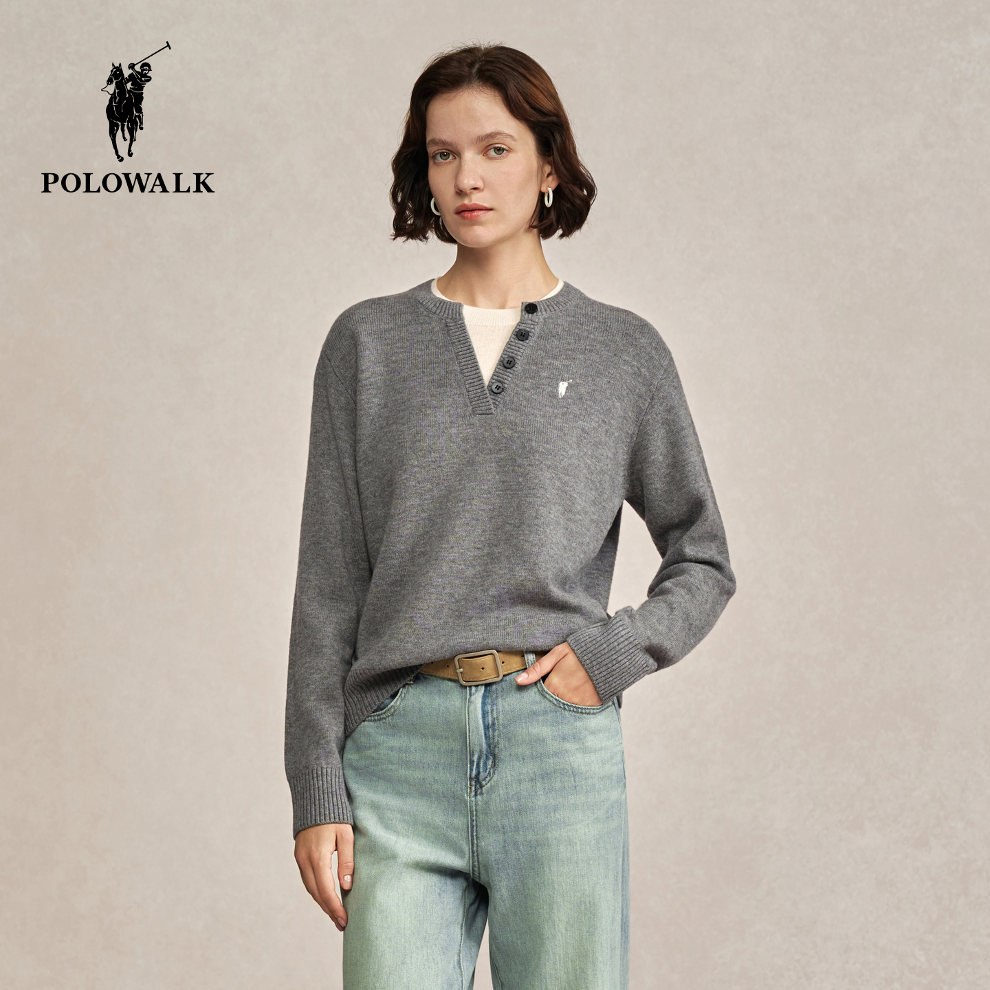 【100%绵羊毛】POLOWALK女式羊毛衫2025冬季新品韩版拼接领上衣女