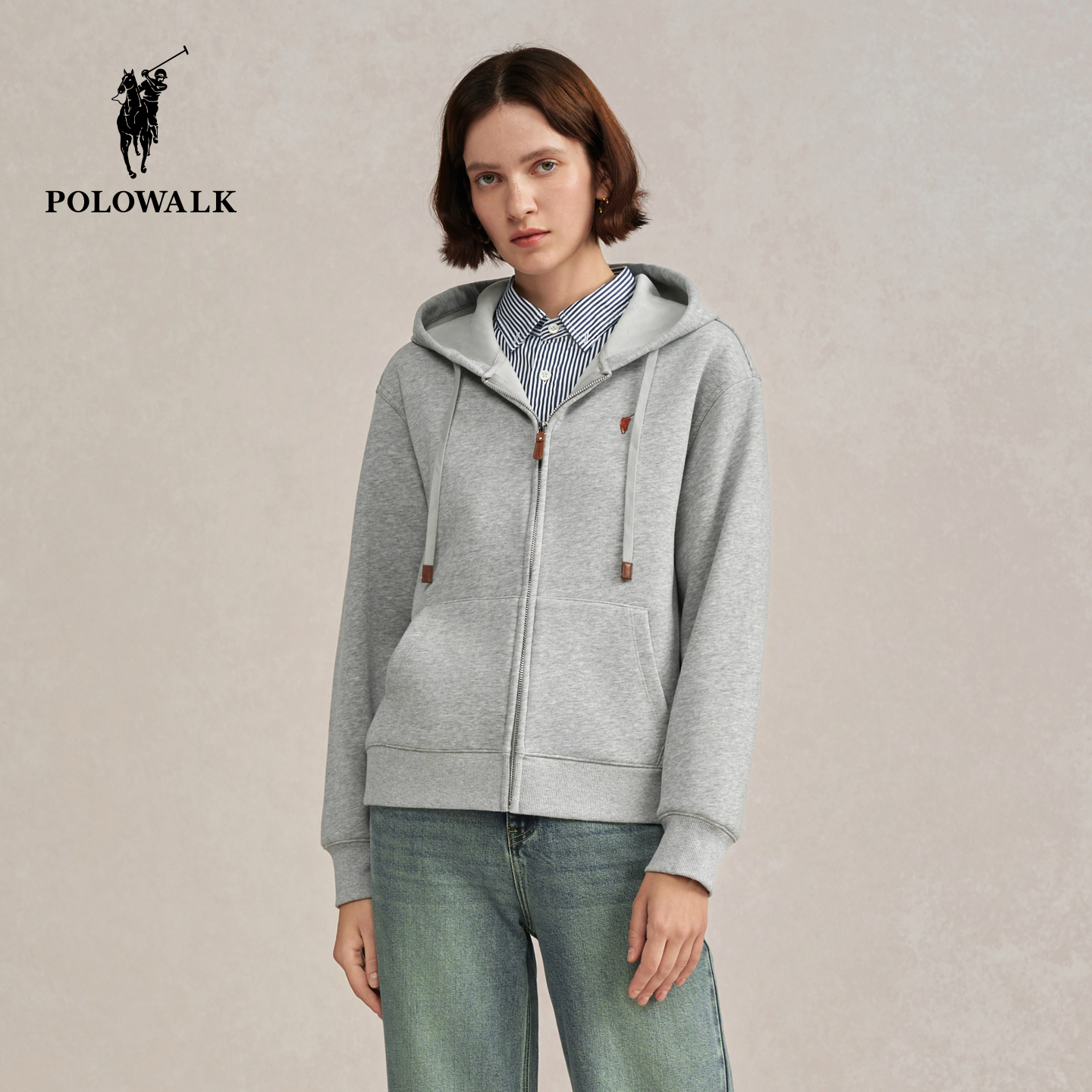 POLOWALK女式卫衣2025冬季新品简约百搭休闲连帽加绒保暖女装外套