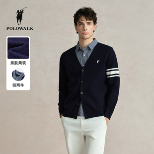 POLOWALK男士假两件针织衫秋冬新款韩版百搭衬衫领开衫休闲外套男