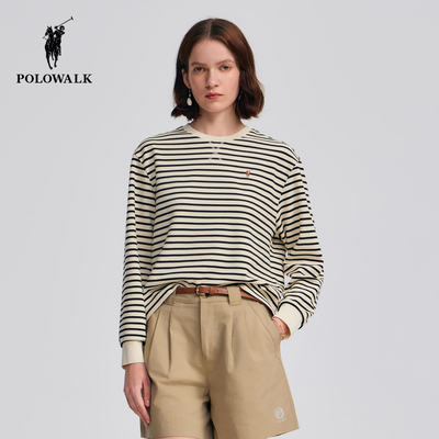 POLOWALK女装2025秋季新品女式长袖T恤条纹百搭宽松基础t恤女款