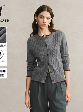 【特惠】POLOWALK针织衫女士秋冬百搭100%绵羊毛长袖绞花针织开衫