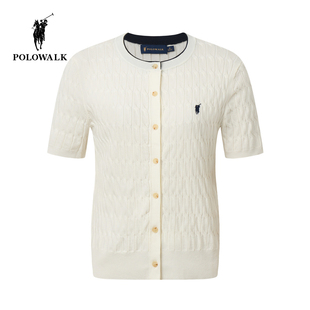 POLOWALK女式短袖针织衫2026春季新品罗纹圆领绞花短袖针织开衫