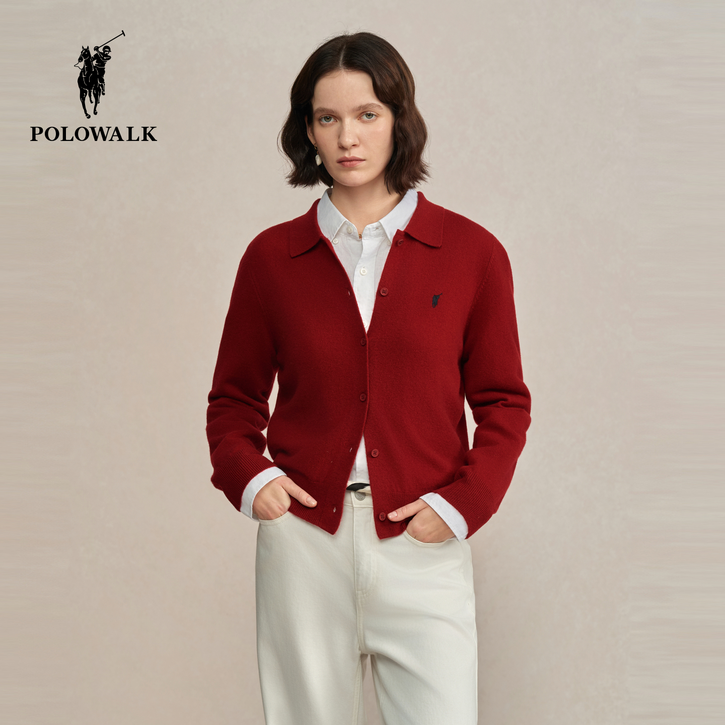 【100%绵羊毛】POLOWALK女式羊毛衫2025冬季新品红色圣诞显瘦开衫