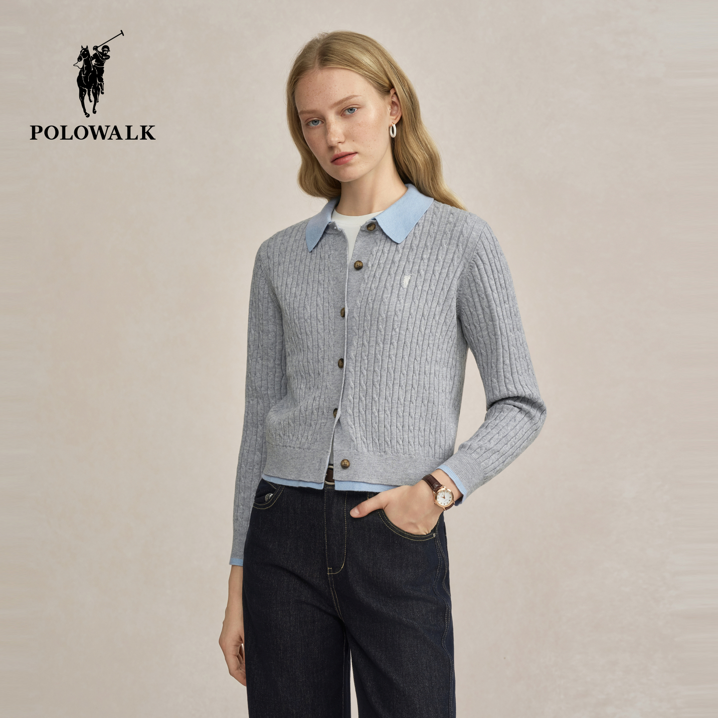 POLOWALK女式长袖针织衫2025秋季新品百搭优雅显瘦绞花针织开衫女