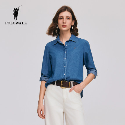 【100%棉】POLOWALK长袖衬衫女式2026秋季新品时尚通勤牛仔上衣