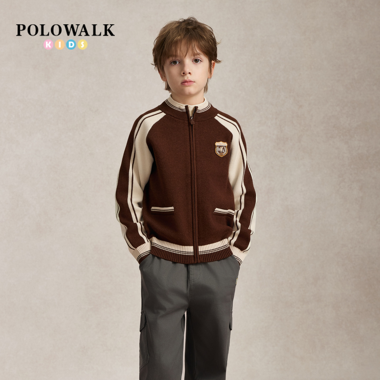 POLOWALK男童针织开衫2026秋季新品时尚撞色刺绣宽松针织外套