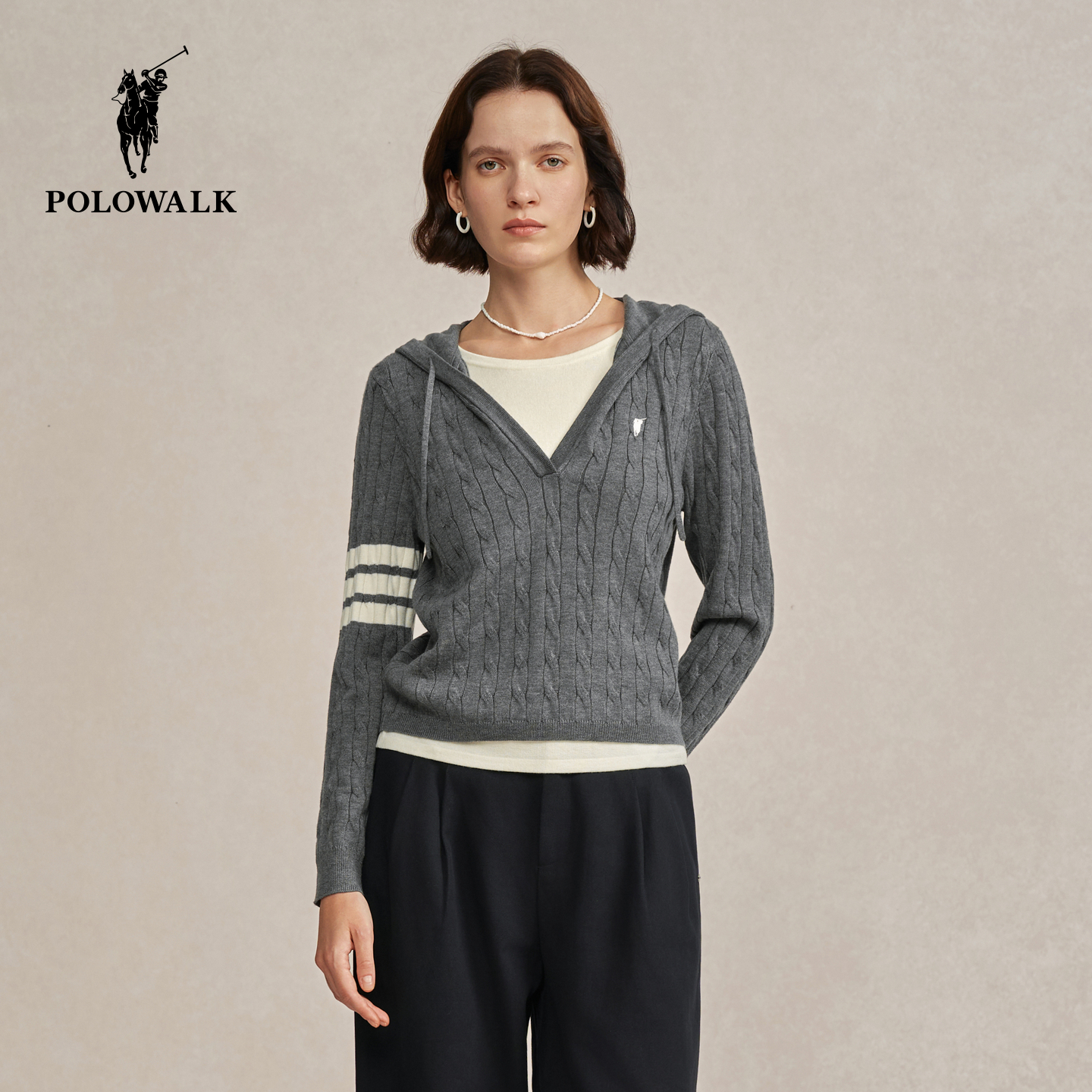 【含绵羊毛】POLOWALK女式长袖针织衫2025秋季新品绞花连帽上衣女