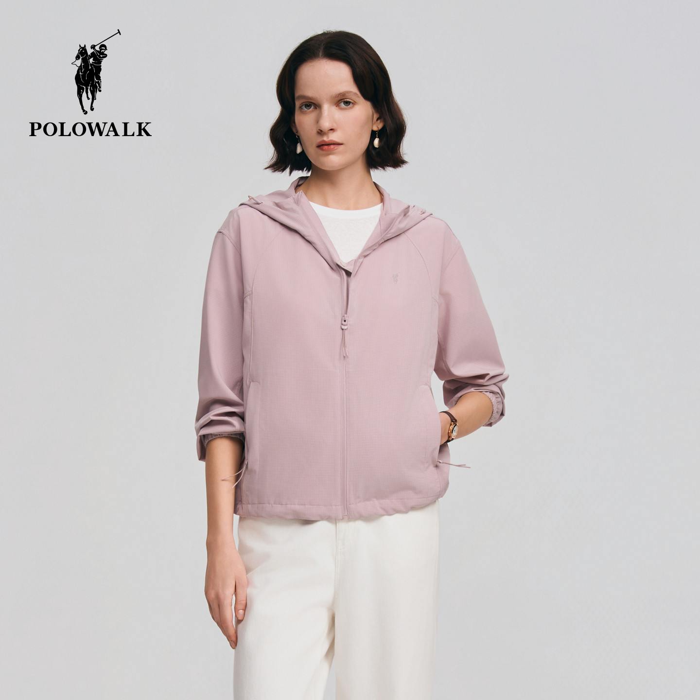 POLOWALK女式短外套2026春季新品简约纯色轻薄短款休闲连帽外套