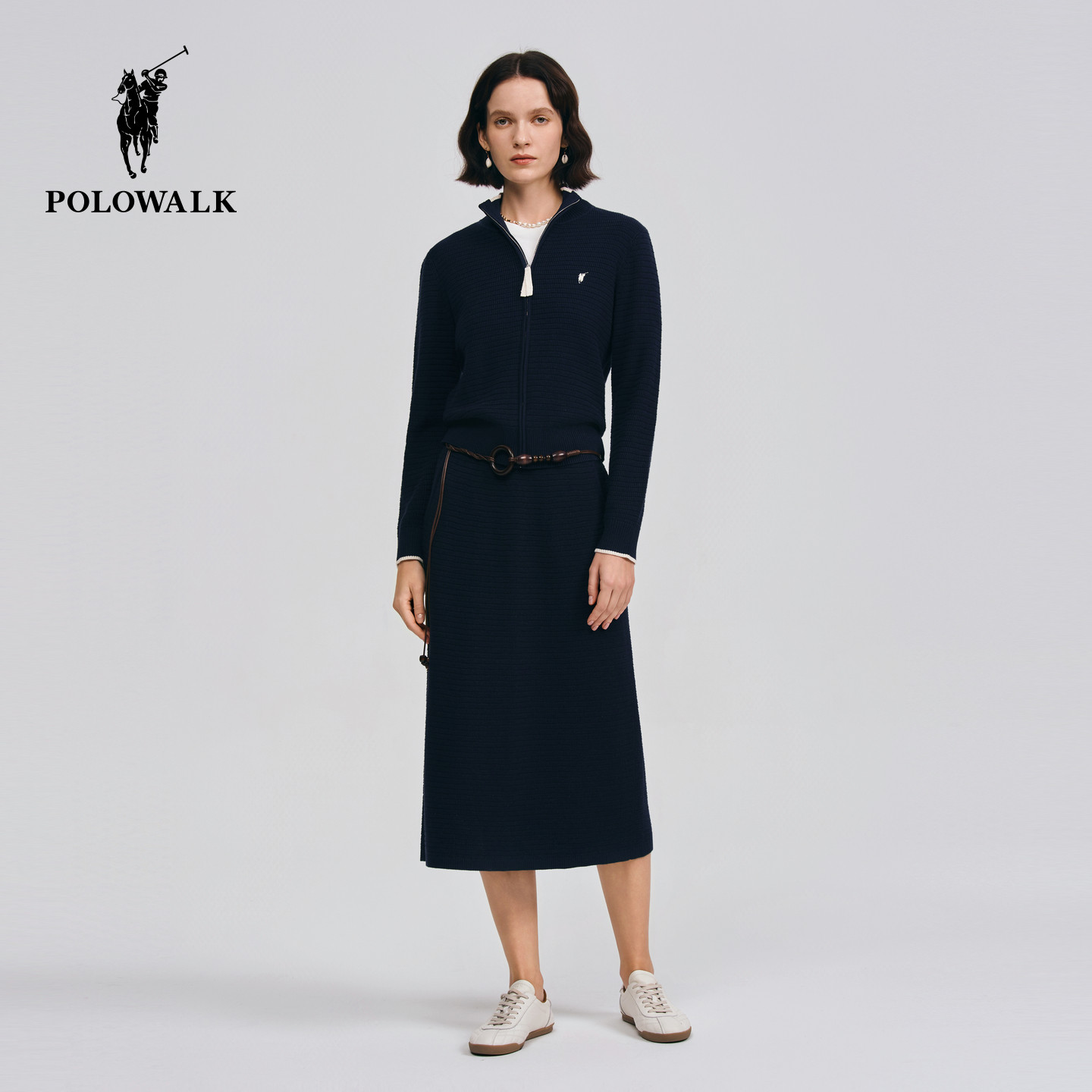 【套装】POLOWALK女士长袖针织衫2026春季新品含亚麻显瘦优雅裙装
