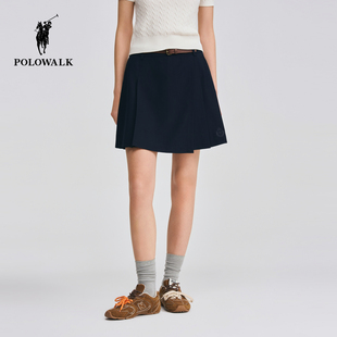 POLOWALK女式半裙2026春夏裤新品经典学院风刺绣百褶A字半身短裙