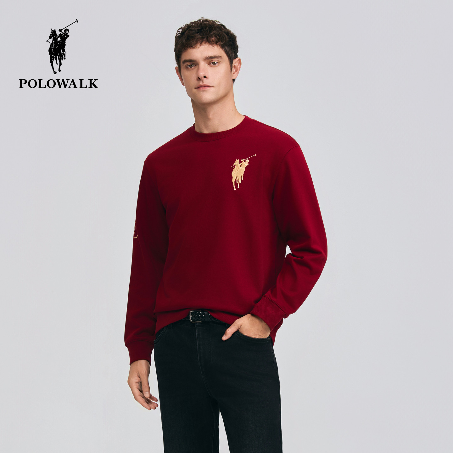 【红色款】POLOWALK男式卫衣2026春季新品简约红色圆领套头卫衣男