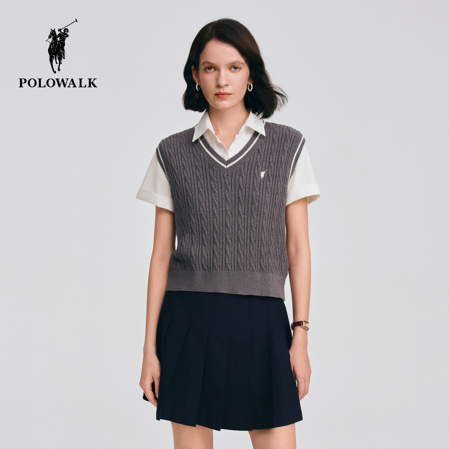 POLOWALK女式针织背心2026春季新品学院风V领撞色针织坎肩马甲