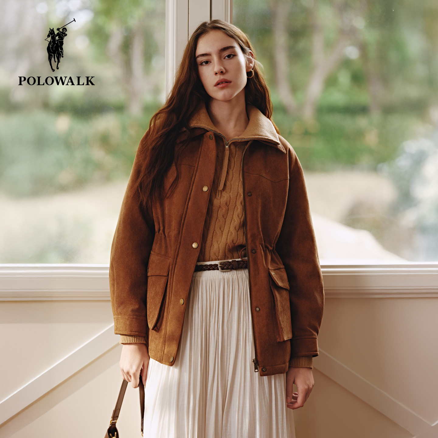 POLOWALK女式羽绒服2026冬季新品复古工装风翻领收腰显瘦羽绒外套