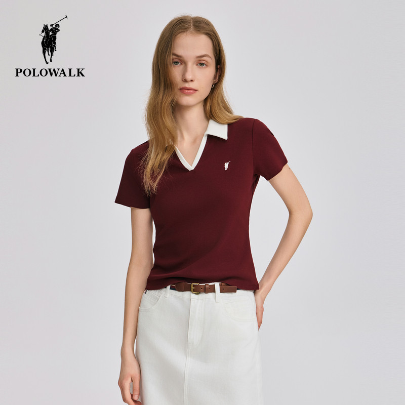 POLOWALK女式短袖V领T恤夏季新品撞色收腰打底衫潮流女装上衣
