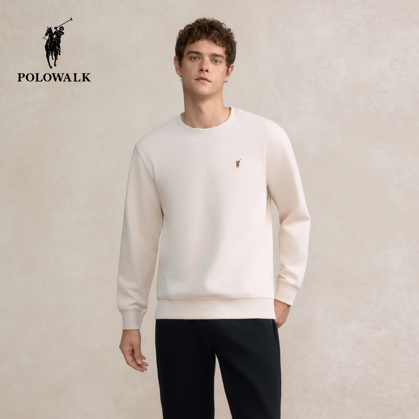 POLOWALK男装卫衣2025秋季新品潮流圆领休闲打底衫套头上衣男式