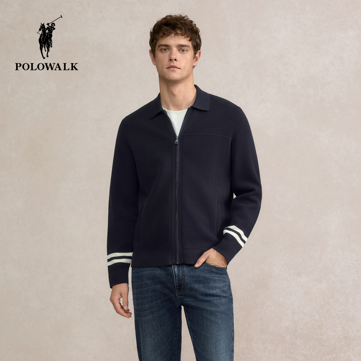 POLOWALK男装针织衫2025秋季新品条纹商务休闲翻领开衫男式外套