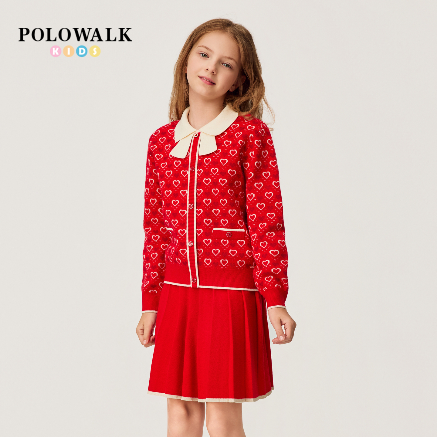 【新年款】POLOWALK女童长袖套装2026新品提花红色长袖针织裙套装
