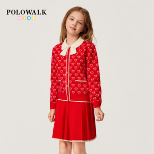 【新年款】POLOWALK女童长袖套装2026新品提花红色长袖针织裙套装